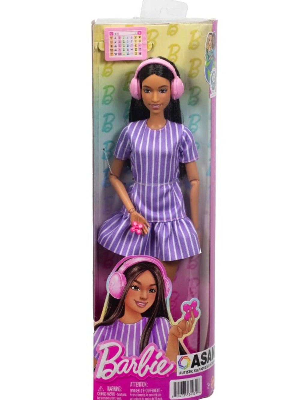 Barbie Fashionista Doll# 245 in a purple striped Dress, Autistic Barbie.